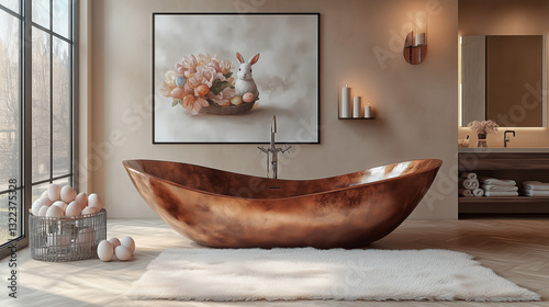 Luxury modern interior, bathroom with large bronze modern bathtub with Easter decorations.	