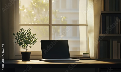 Wallpaper Mural Minimalist desk with a sleek laptop and a small potted plant, bathed in soft natural light from a nearby window, symbolizing focus and clarity. Torontodigital.ca