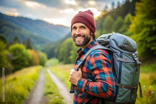 Portrait  of backpacker  with backpack traveling and enjoying the healthy lifestyle 