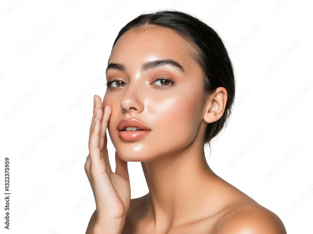 Elegant young woman touching her face with radiant skin Elegant young woman touching her face with radiant skin