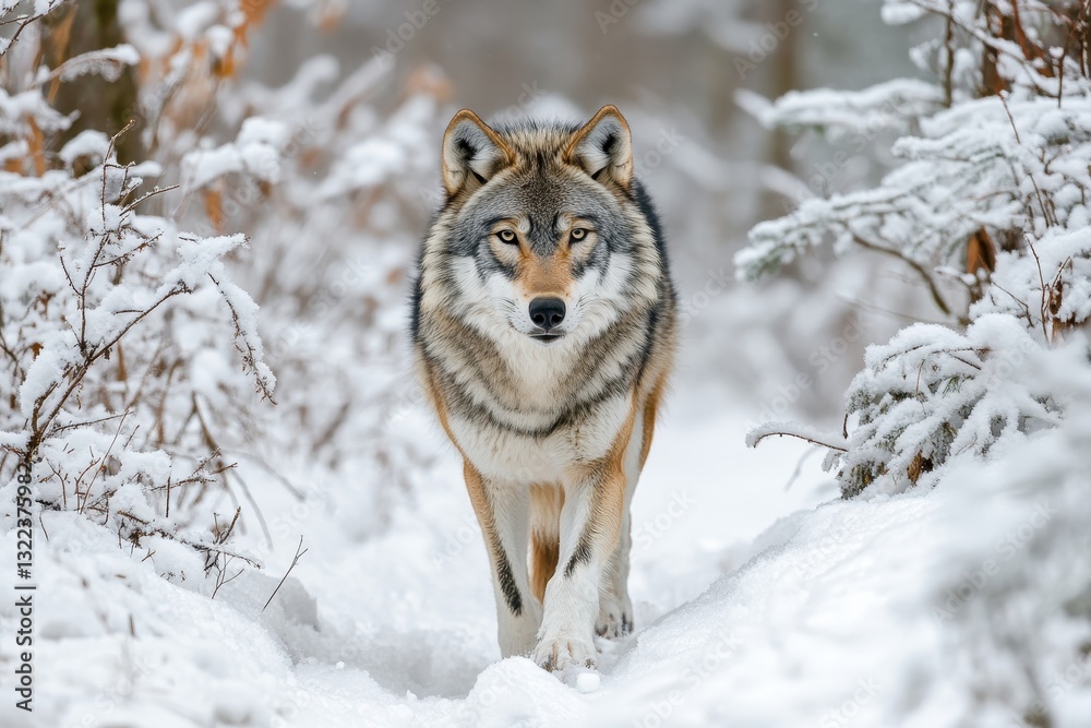 Naklejka premium Majestic Wolf Walking Through Snowy Forest Landscape in Winter