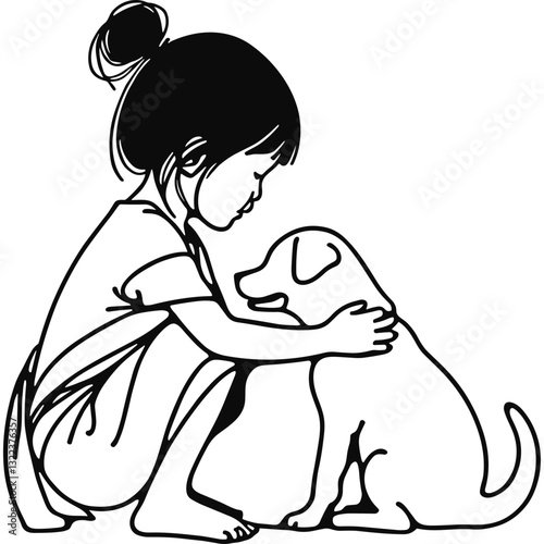 Child hugs dog illustration shows girl dog embrace in black and white line art style depicts child pet love and friendship between girl and dog