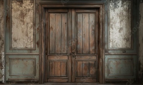 Rustic old wooden doors with peeling paint in rich earthy tones, showcasing weathered textures and a sense of timelessness.