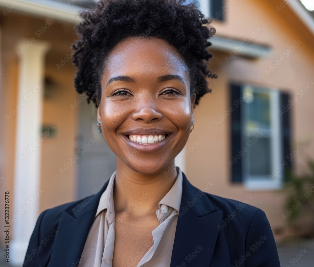 Beautiful Smiling Confident Diverse American Woman Real Estate Agent Standing In Front Of Property Beautiful Smiling Confident Diverse American Woman Real Estate Agent Standing In Front Of Property