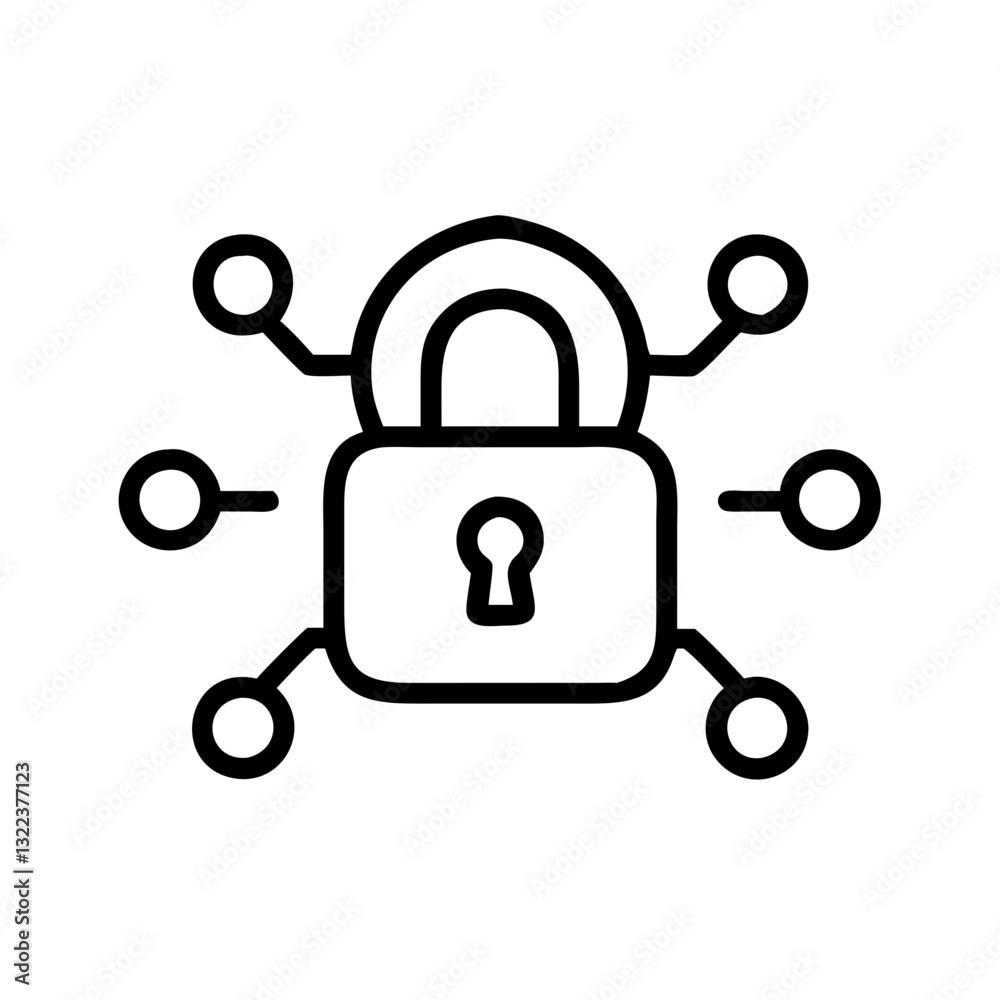 cybersecurity icon with a lock and network in a simple line art style on white background cybersecurity icon with a lock and network in a simple line art style on white background