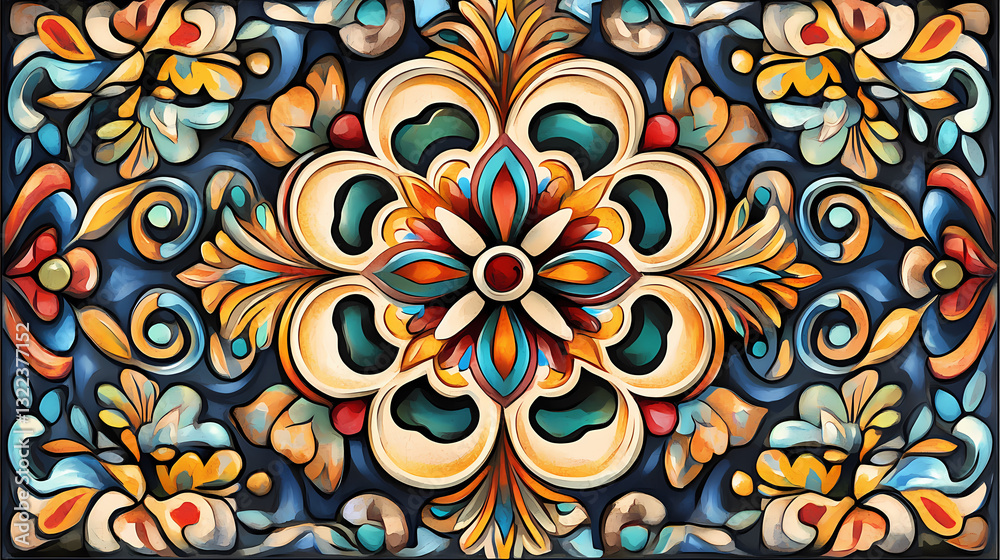 Fototapeta premium A beautifully crafted ornate tile pattern with intricate design, vivid colors and cultural significance. Vivid Glare. Illustration