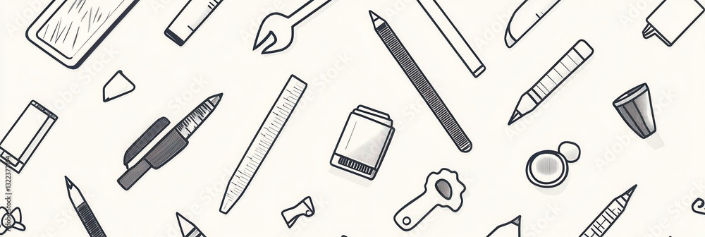Seamless pattern featuring design tools with clean icons in a professional monochrome palette Seamless pattern featuring design tools with clean icons in a professional monochrome palette