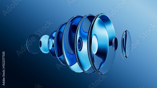 3d rendered oval glass shapes floating on a reflective surface. Futuristic abstract composition depicting blue crystals. Blue crystals in the shape of flower petals