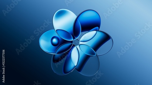 3d rendered oval glass shapes floating on a reflective surface. Futuristic abstract composition depicting blue crystals. Blue crystals in the shape of flower petals