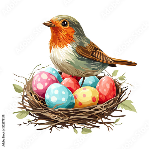Lovely Robin Guarding Colorful Nest Eggs