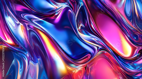 Abstraction of multicolored mirror waves of metallic texture. Vivid Glare. Illustration