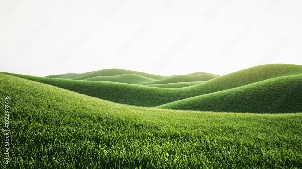 Obraz premium A panoramic vista of rolling green hills covered in lush, vibrant, short grass, with a clear, bright white sky, perfectly depicting a wide grassy meadow landscape