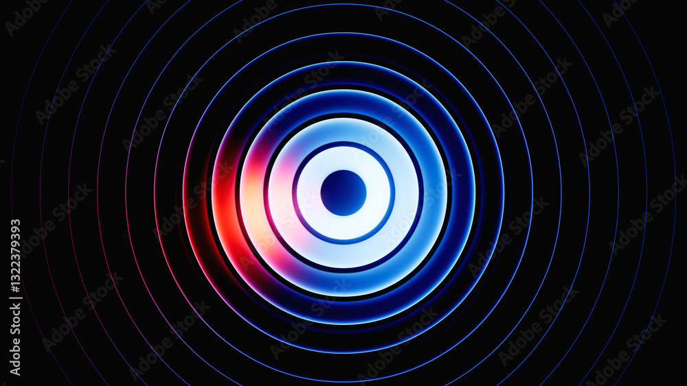 Fototapeta premium 3d render. Abstract round neon shape with blue red gradient, isolated on black background. Ribbed glass wallpaper.