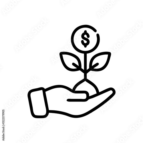 Seed funding icon featuring a hand holding a plant with a dollar sign on it on a white background

