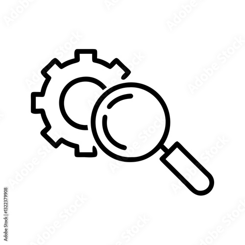 Search engine icon featuring a magnifying glass over a gear symbol on a white background