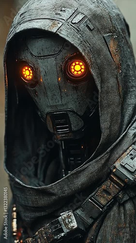 Mysterious robotic figure in a hooded cloak with glowing eyes in an urban setting