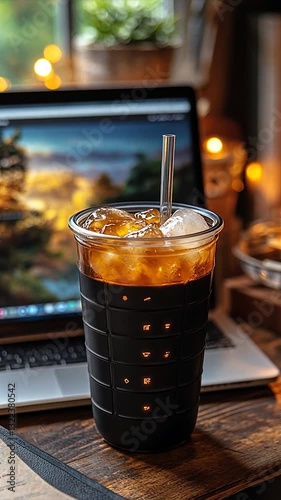 Refreshing iced coffee drink in a cozy workspace with laptop and decor