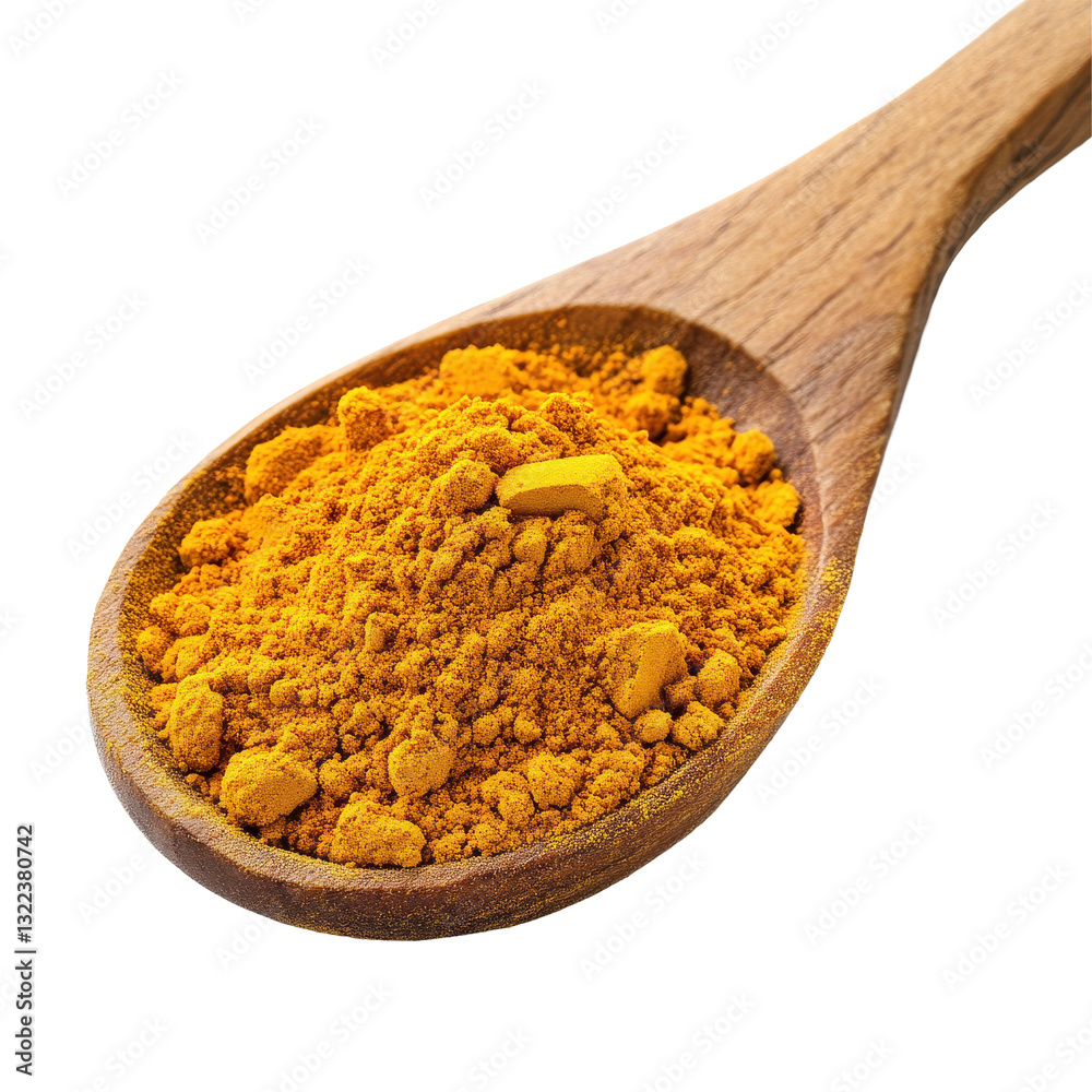 Turmeric powder in wooden spoon on Transparent background highlighting natural spices for culinary use, Turmeric powder in wood spoon isolated on PNG background Turmeric powder in wooden spoon on Transparent background highlighting natural spices for culinary use, Turmeric powder in wood spoon isolated on PNG background