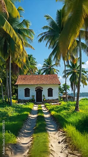Serene coastal cottage surrounded by palm trees on a sunny day