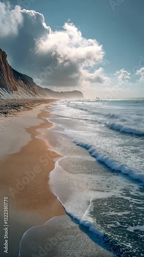 Serene coastal landscape with gentle waves lapping at sandy shore