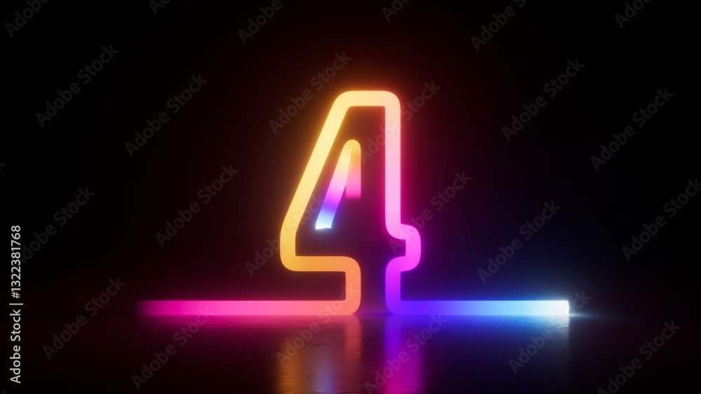 A glowing neon number three. 3d rendering of digital symbol 3 in yellow pink and blue gradient against a dark background A glowing neon number three. 3d rendering of digital symbol 3 in yellow pink and blue gradient against a dark background
