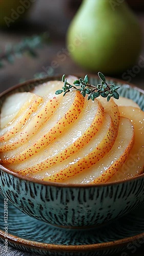 Sliced Pears in a Bowl with Herbs, Showcasing a Fresh Culinary Dish