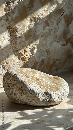 Smooth stone resting on a surface with natural light and textured wall