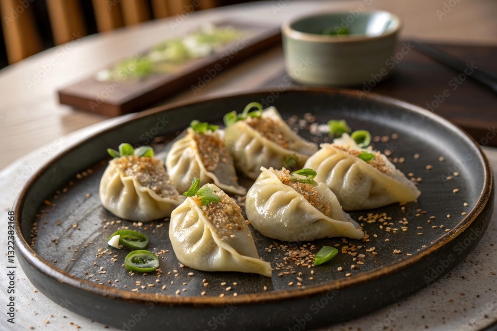The image features a plate of delicious dumplings garnished with green onions, set on a wooden table. The image features a plate of delicious dumplings garnished with green onions, set on a wooden table.