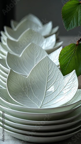 Stacked Leaf-Shaped Plates with Green Leaf in Soft Natural Light