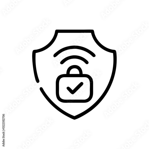 VPN protection icon featuring a shield with a lock and checkmark symbol on a white background