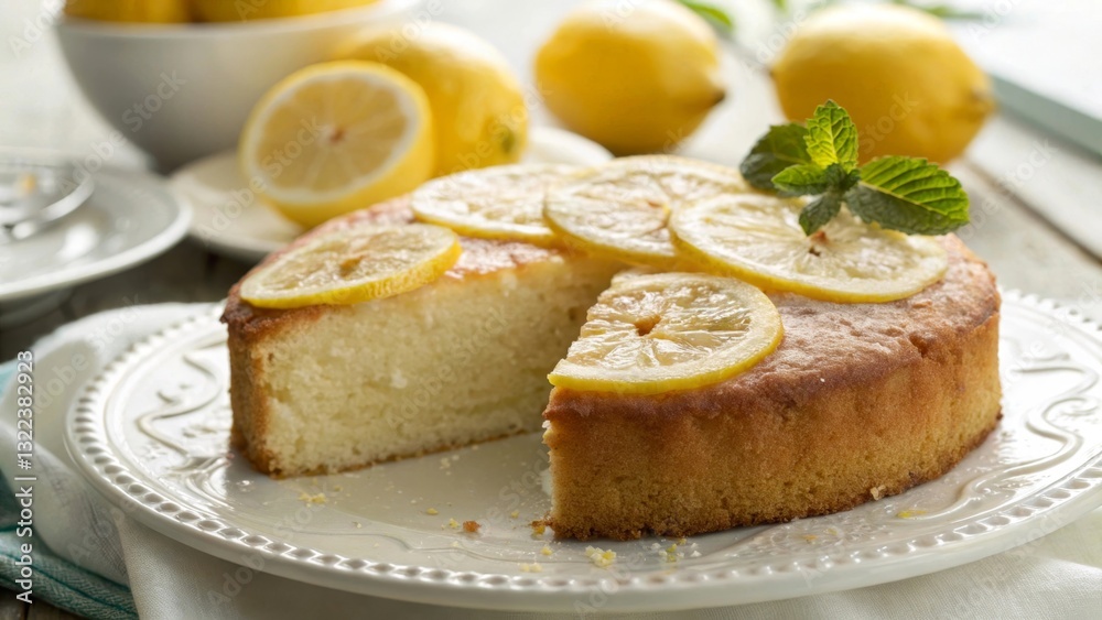 A beautifully presented lemon cake on a decorative plate with fresh lemon slices on top. A beautifully presented lemon cake on a decorative plate with fresh lemon slices on top.