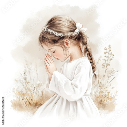 Young Girl Praying at First Holy Communion Watercolor Portrait Isolated on White Background