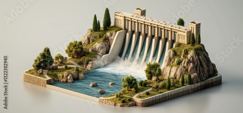 Monumental Dam: A stunning miniature model of a majestic dam. showcasing engineering ingenuity and the power of water management. Captured with photorealistic detail.