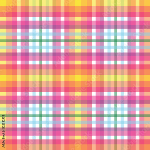 Plaid Blender of Yellow, Pastel Blue, Tangerine Orange and Shocking Hot Pink on a White background creating a seamless pattern print background