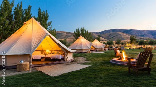 Cozy glamping setup with illuminated tents and a fire pit under a starry sky in nature