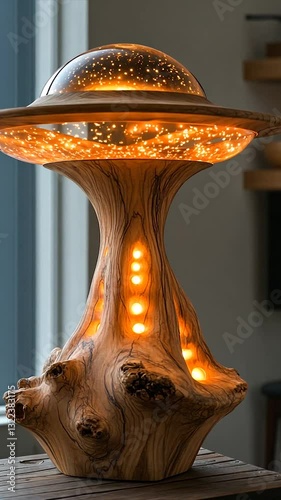 Unique wooden lamp resembling a UFO, glowing warmly in a modern interior
