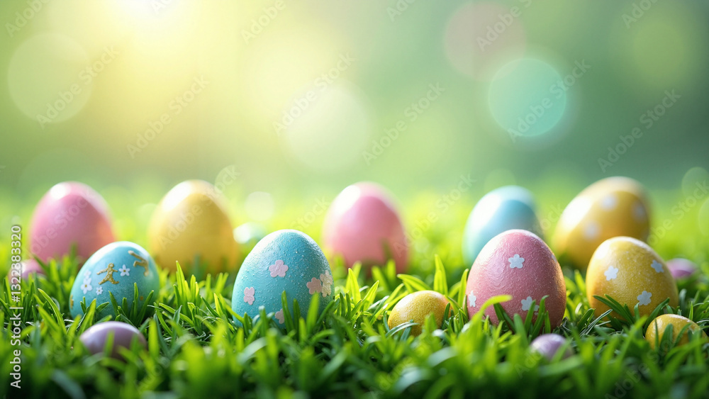 Vibrant Spring Scene with Colorful Easter Eggs on Lush Green Grass - Perfect for Easter Promotions and Family Gatherings Vibrant Spring Scene with Colorful Easter Eggs on Lush Green Grass - Perfect for Easter Promotions and Family Gatherings