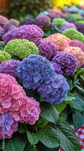 Vibrant Hydrangea Blooms in a Colorful Garden Setting with Lush Foliage