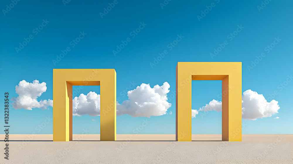 Two Bright Yellow Rectangular Doorways Stand On A Barren Desert Landscape Under A Vivid Blue Sky With Fluffy White Clouds Two Bright Yellow Rectangular Doorways Stand On A Barren Desert Landscape Under A Vivid Blue Sky With Fluffy White Clouds