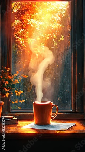 Warm coffee cup steaming by a sunlit window with autumn leaves outside