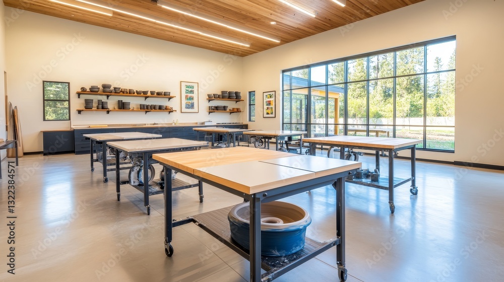 Bright and spacious pottery studio with wooden accents and large windows overlooking nature