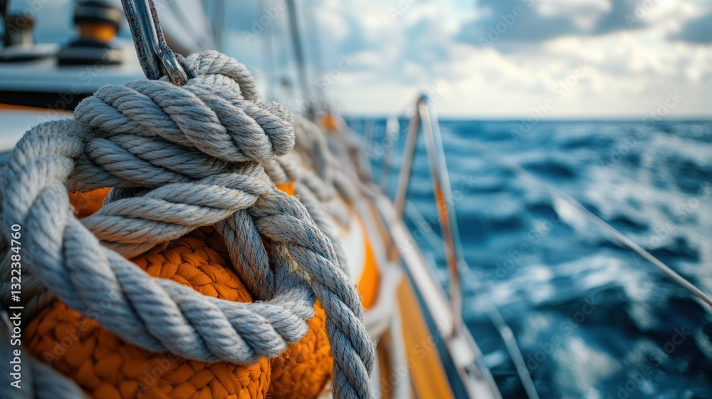 Obraz premium Close-up of nautical rope on sailboat at sea.
