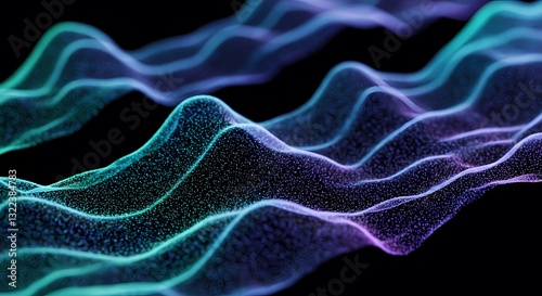 Futuristic digital wave of glowing particles in neon blue and purple, abstract 3D technology background