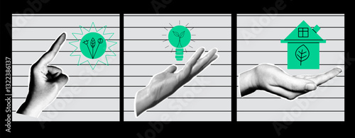 Cards collage the concept of ESG - Environmental, social, and corporate governance. Green business and technology.