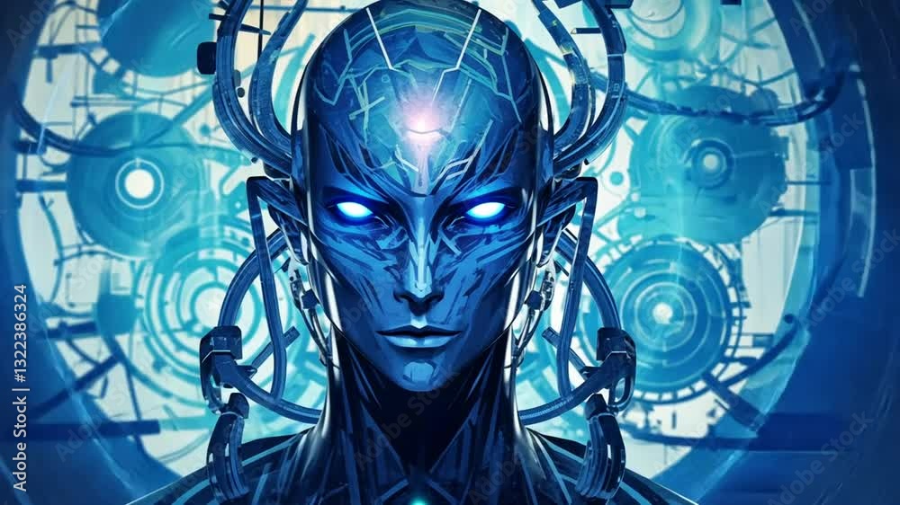 Dunkelblauer Cyborg mit leuchtenden Augen