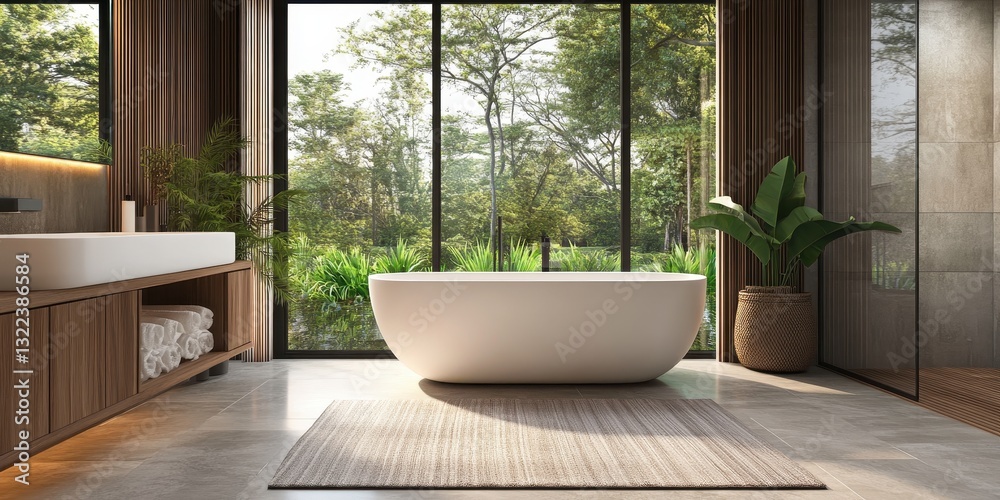 A modern bathroom interior with a large window and tub A modern bathroom interior with a large window and tub