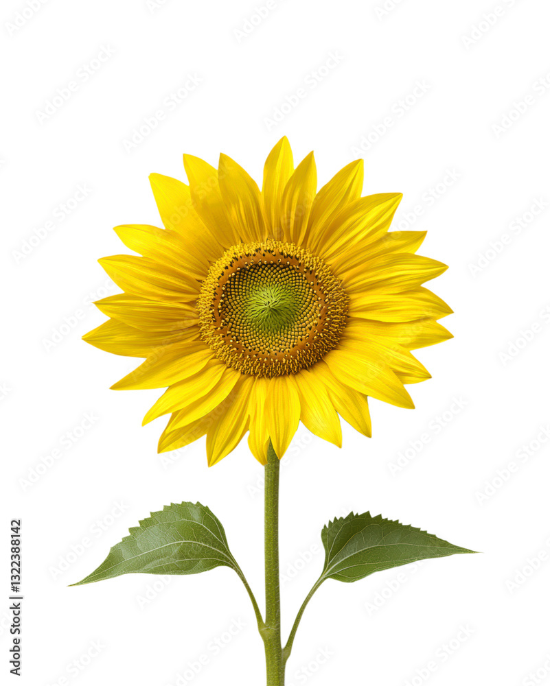 Fototapeta premium Beautiful Bright Yellow Sunflower with Green Leaves and Brown Center in Full Bloom Summer Garden Flower Isolated on Transparent and White Background