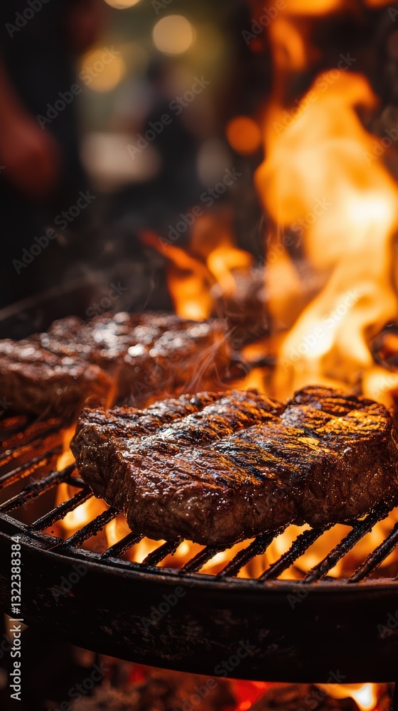 Sizzling grilled steaks at an outdoor barbecue gathering Sizzling grilled steaks at an outdoor barbecue gathering