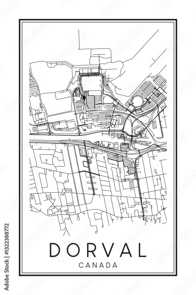 Obraz premium Hand drawn printable downtown road map poster of the Canadian city of DORVAL on solid white background with city name