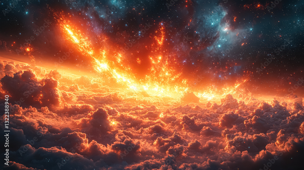 Bright orange cloud in the sky with a few stars in the background. The sky is filled with clouds and stars, creating a beautiful and serene atmosphere Bright orange cloud in the sky with a few stars in the background. The sky is filled with clouds and stars, creating a beautiful and serene atmosphere